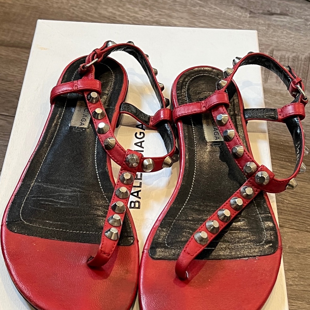 Balenciaga Leather Studded Accents T-Strap Sandals